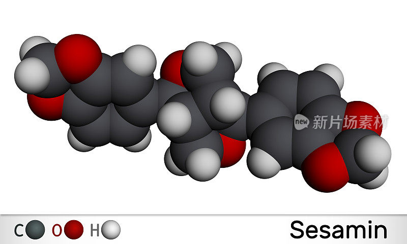 芝麻素分子。它是从香油中分离出来的天然产物木脂素。分子模型。3 d渲染。